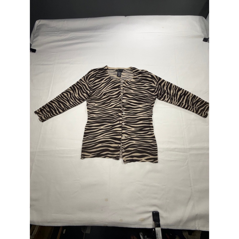New York & Company Zebra Print Cardigan Brown Tan Animal Button Front XS